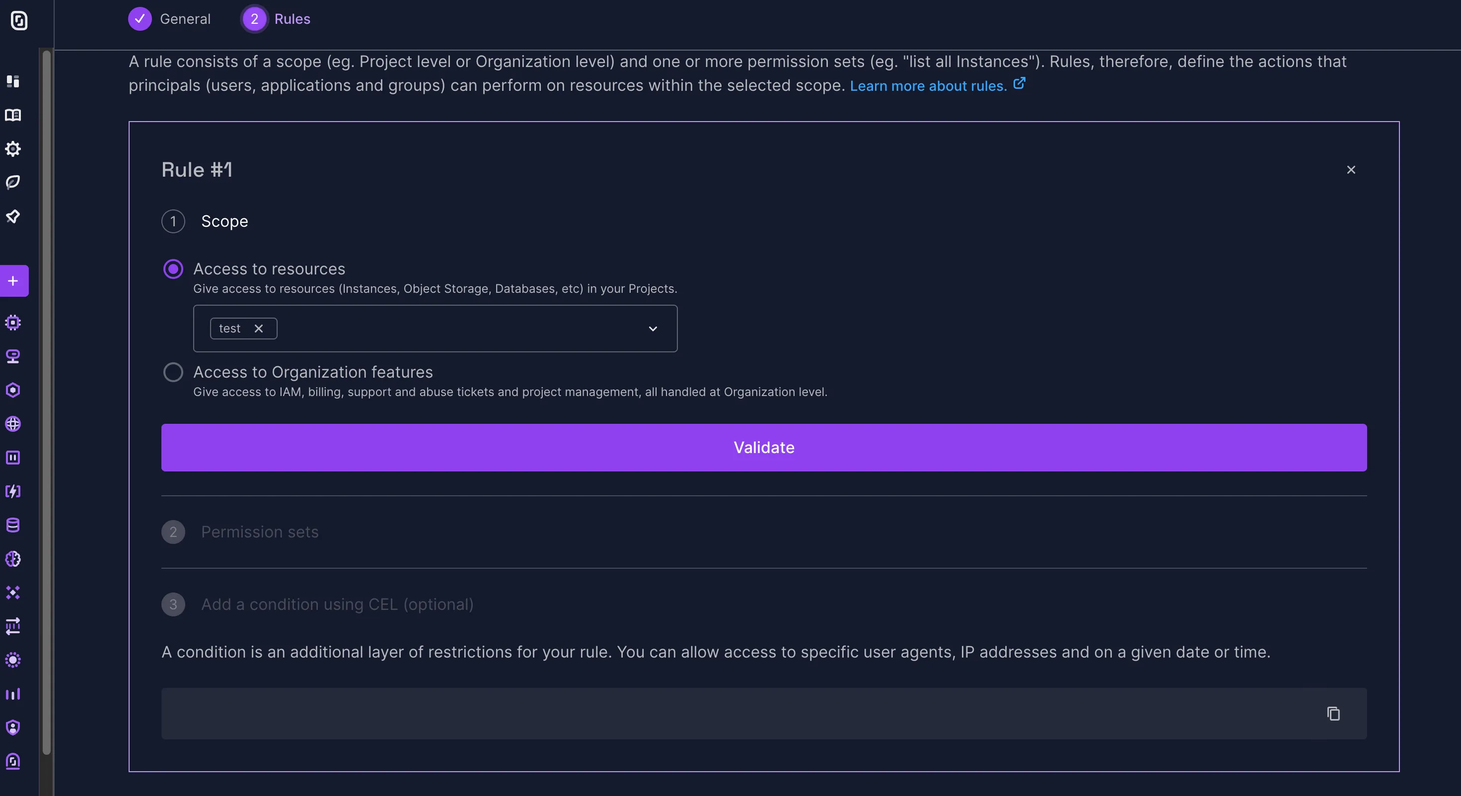 Setting the policy rule to scope access to resources within a specific project.